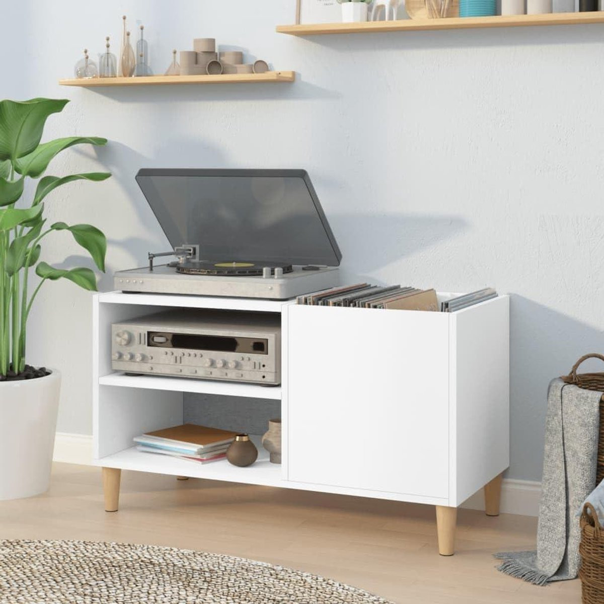 Wit Platenkast Muziekmeubel voor Vinyl Opslag met Stevige Bovenplaat - Breedte: 84,5 cm