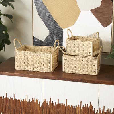ARCILLA ELEMENTAL Brown Rattan Woven Decorative and Functional Storage Basket with Rope Handles (Set of 3)