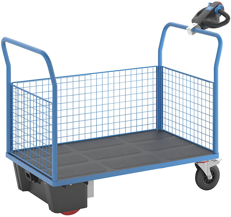 Plattformwagen mit Elektroantrieb, 3 hohe Gitter-Wände, LxBxH 1620 x 800 x 1300 mm eurokraft pro