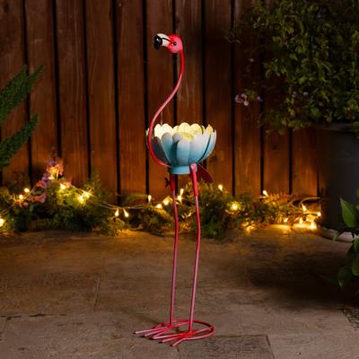 "Glitzhome 26.25""H Metal Solar Lighting Standing Flamingo Garden Statue"