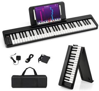 Costway 61-Key Folding Piano Keyboard with Full Size Keys and Music Stand-Black