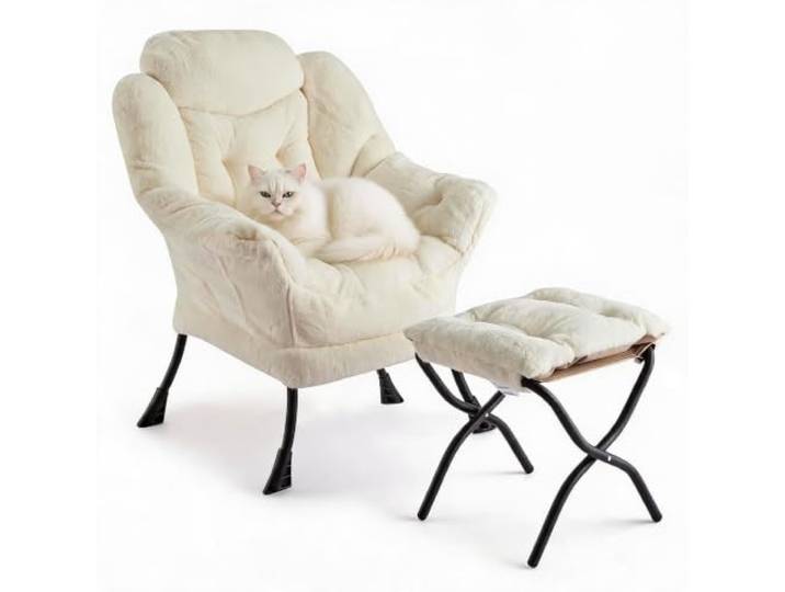 IDEALHOUSE Bequemer Wohnzimmer-Sessel mit Klapphocker, Relaxsessel Loungesessel Weicher Bezug in Kaninchenfell-Optik, Seitentasche-Gemütlicher Lesesessel für Wohnzimmer, Schlafzimmer&Büro