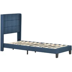 OKWISH Polsterbett 90×200 cm mit gepolstertem Kopfteil, Lattenrost und mittelfester Federkernmatratze, Leinen, Blau, modernes Einzelbett