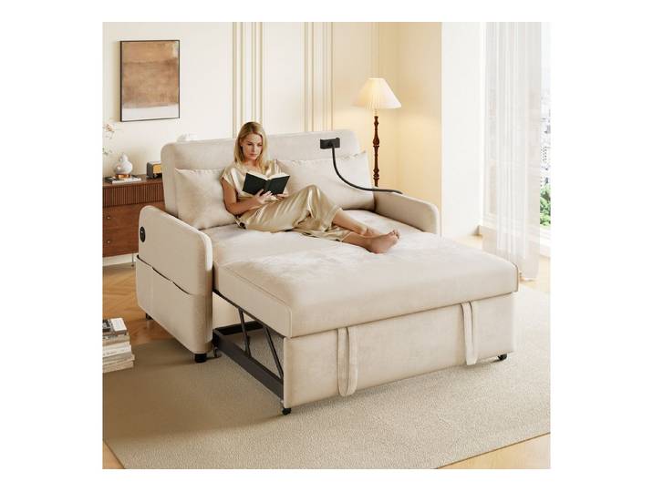 Merax Schlafsofa mit 3-in-1 Bettfunktion, Loungesessel mit USB und Handyhalter, Schlaffunktion und viel Stauraum