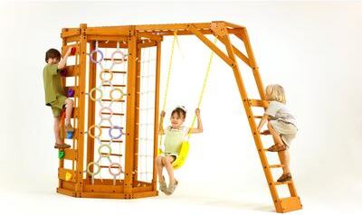 Avenlur Hawthorn Outdoor Climber Playset   Monkey Bars, Swing & Octagon Climber for Kids - Natural