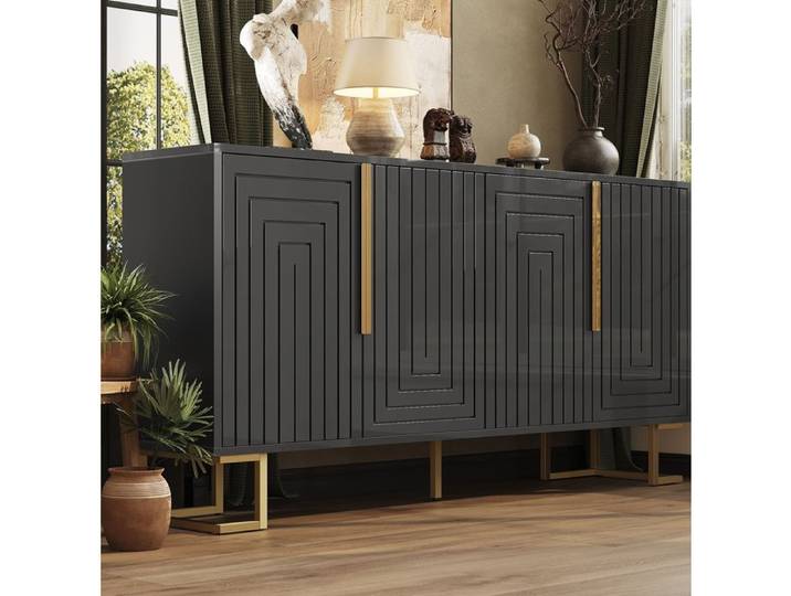 Buffet bas – Noir et doré – 2 portes 4 compartiments – 152 x 40 x 75 cm