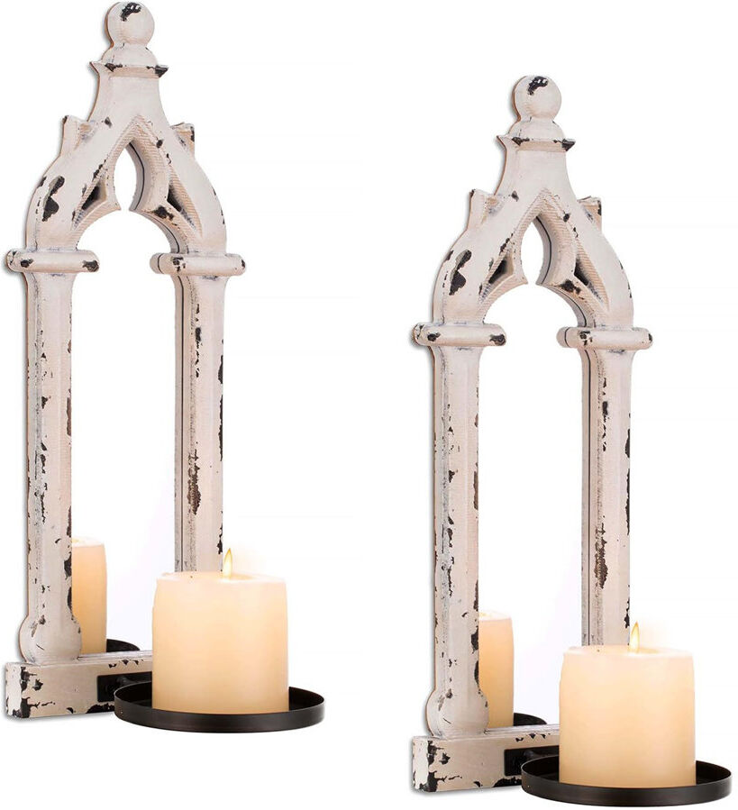 Lily Manor 2 Piece Wood Wall Candelabra Set Vintage White 40cm H X 15cm W X 11cm D