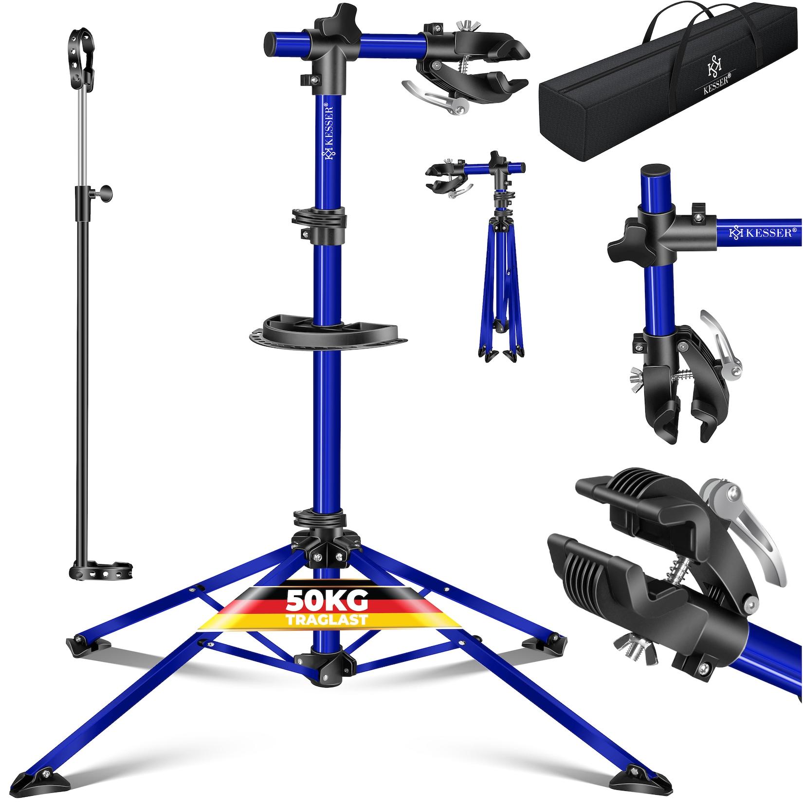 KESSER® Fahrradmontageständer Profi 50kg - 360° drehbar für E-Bike, Mountainbike & Fahrrad, höhenverstellbarer Reparaturständer, mit Werkzeugablage, Tragetasche & Schnellspanner