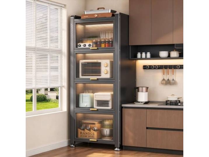 LJWFZBD Küchenschrank mit transparenten Türen, freistehendes Küchenregal Stabiler Metallrahmen, klappbare PC-Türen,platzsparend, Befestigung mit Schrauben(5 Tiers-19.7 W*12.6 D*58.7 H)