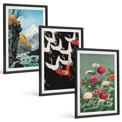BILDER SET 3er Set - 40x60 cm Schwarzer Rahmen - Berge, Wasserfälle, Vögel, Blumen