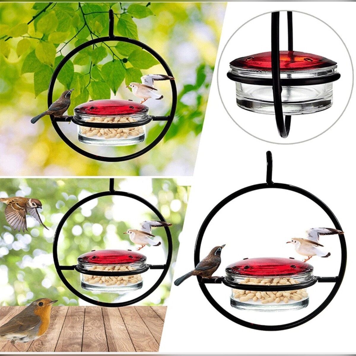 INF Mangeoire à oiseaux suspendue en métal - Mangeoire en fer noire résistante à la rouille pour moineaux et pinsons,