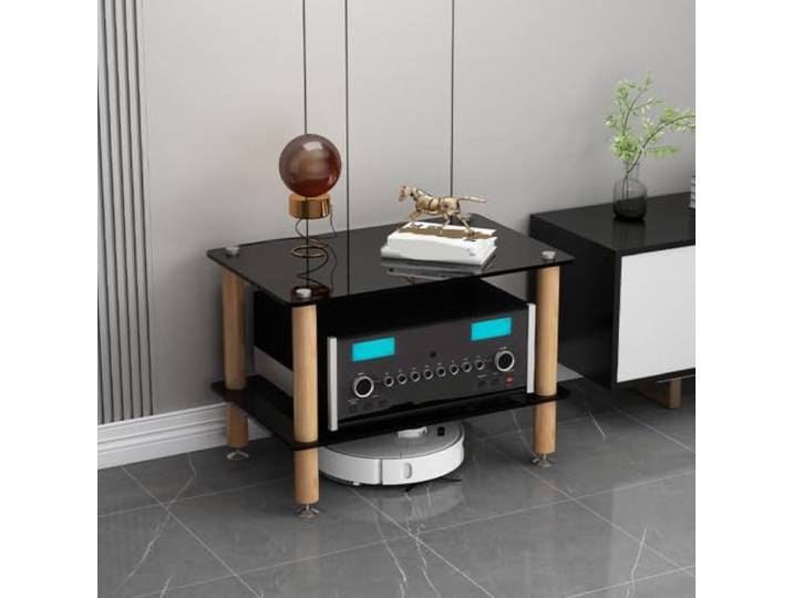 ZSCNYHMT HiFi Rack, 1-4 Ebenen Audio-Ständer mit Ablagen aus Hartglas Glasablagen, holzstruktur, flexible platzierung, für wohnzimmer und audiobereiche