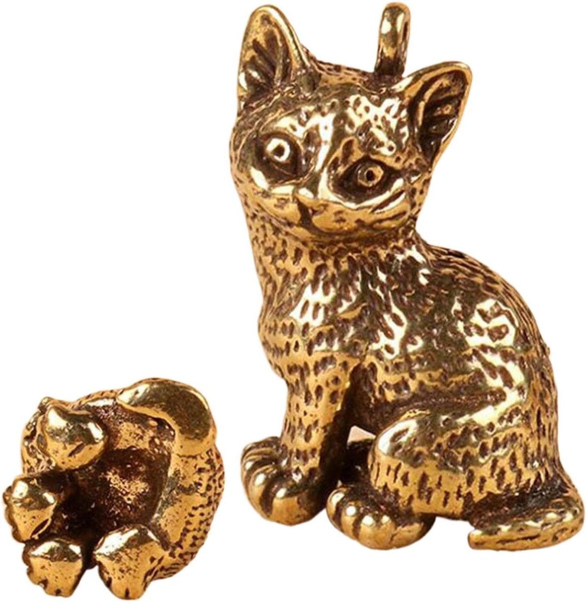 Goudkleurig Messing Kat Beeldje - Handgemaakt Kattenornament - Hoogte: 3 cm