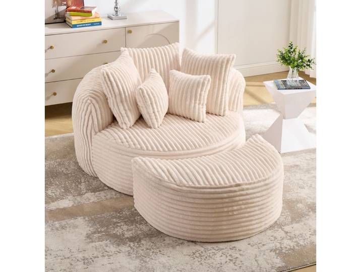 VUENOR Fauteuil de relaxation rond 168x123x63 cm beige – chenille accoudoirs dossier et repose-pieds 1 place