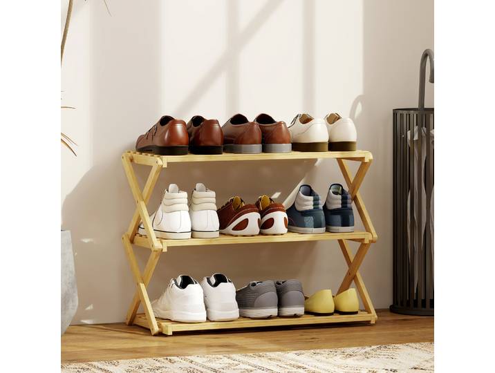HOMCOM Meuble à Chaussures Bambou 3 Niveaux Pliable Naturel