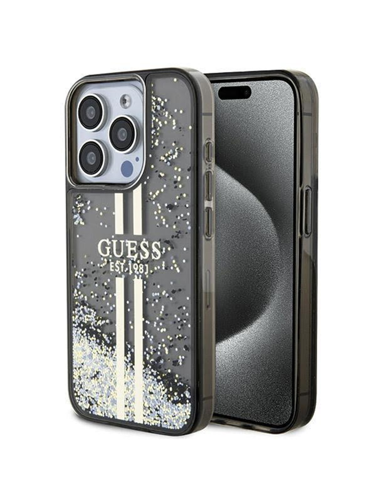 GUESS Liquid Glitter Gold Stripes case for iPhone 15 Pro - black