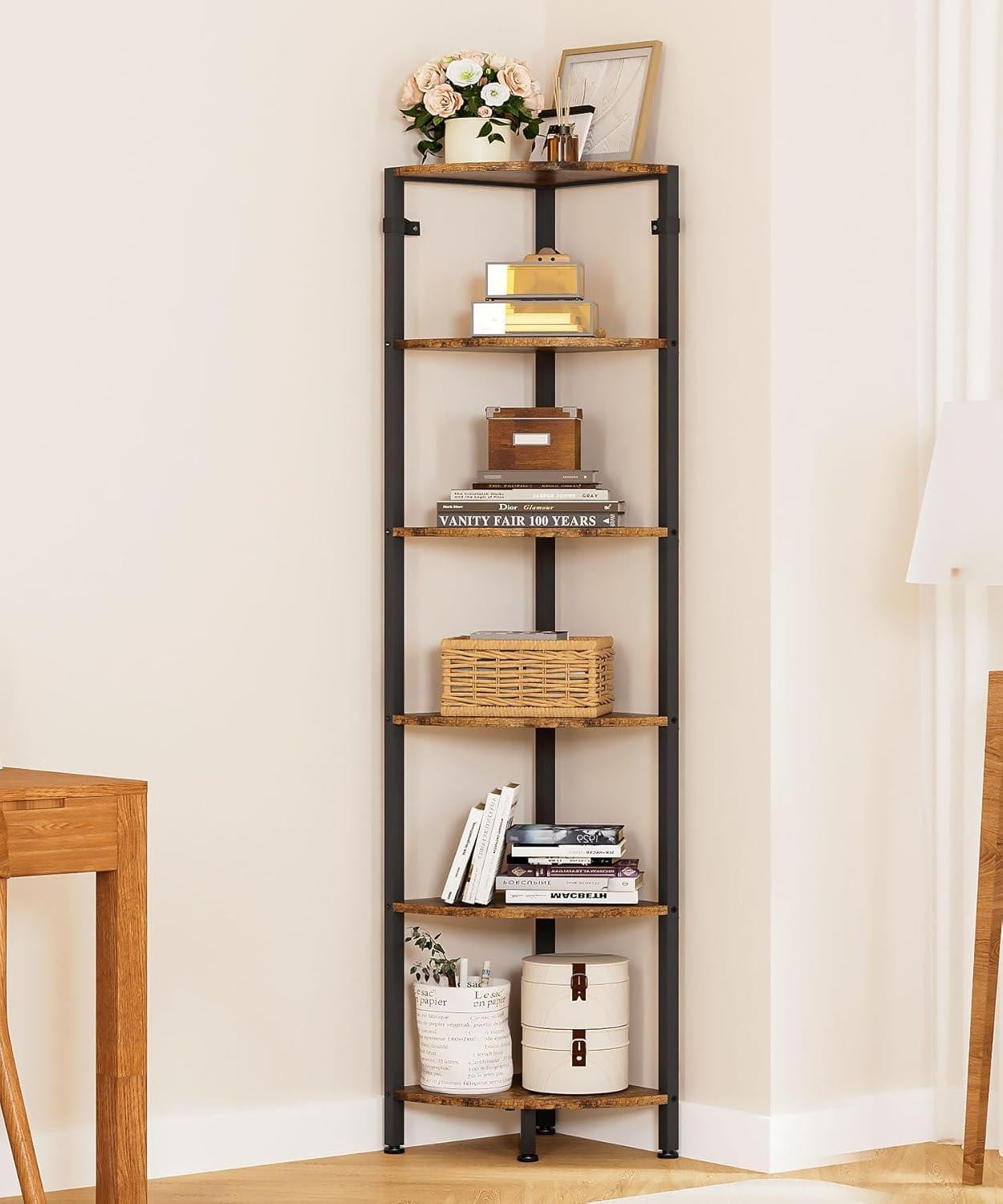 Merkloos Hoekrek met 6 planken, staand ladderrek voor de woonkamer, keuken, slaapkamer of werkkamer