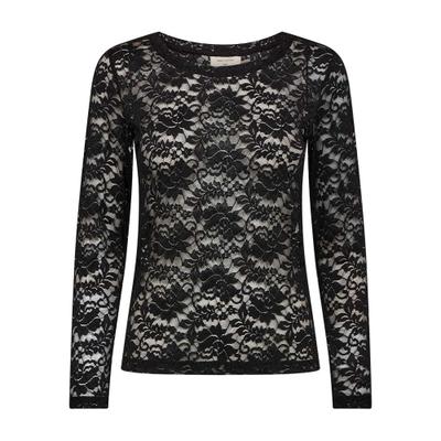 Langarmshirt FREEQUENT "Style Saldo", Damen, Gr. M, schwarz, Spitze, Obermaterial: 95% Polyamid, 5% Elasthan, unifarben, körpernah hüftbedeckend, Rundhals, abgesteppte Kante, Shirts Langarmshirt, mit Spitzen-Details / Transparenter Look