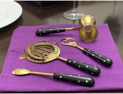 Vibhsa Handmade Dotted-Pattern Gold & Black Stainless Steel Bar Tool Set, 4-Piece