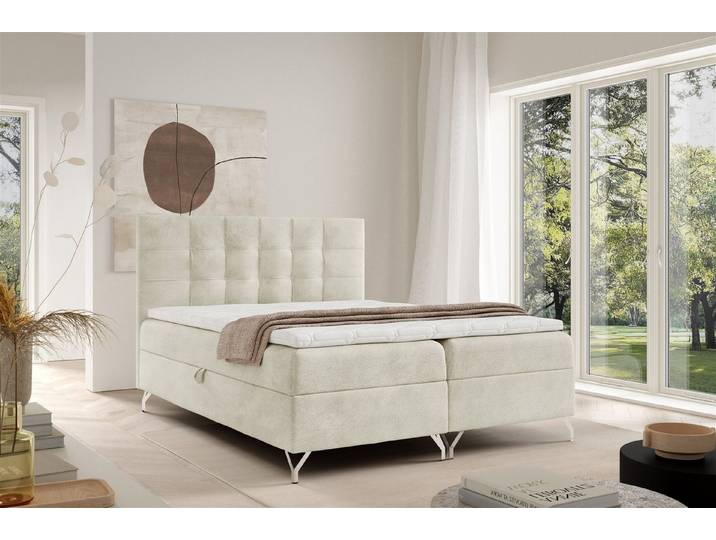 Fun Möbel Boxbett Bett Schlafzimmerbett MERSIN in Strukturstoff Coral (Kopfteil gepolstert, inkl. Topper), inkl. 2 x Bettkasten