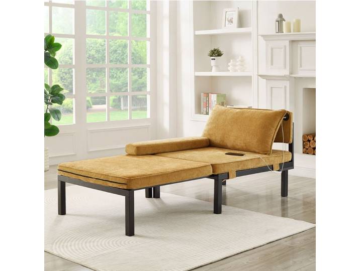 MEULVA Canapé convertible 1 place en velours jaune fonction couchage USB Type-C gain de place