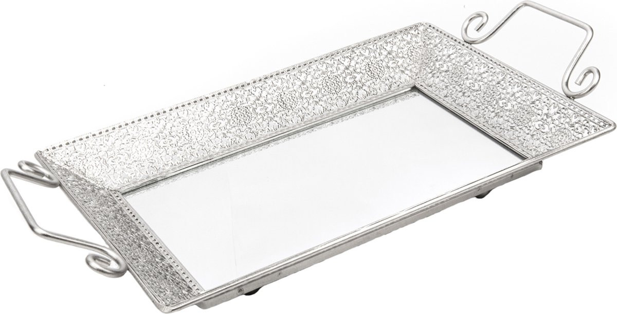 Zilveren rechthoekig metalen spiegeldienblad B: 41 cm, D: 22 cm