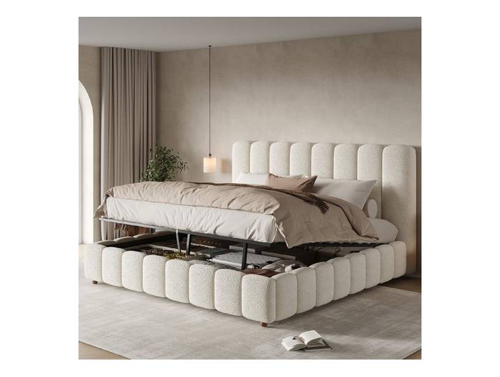 STILVORA Polsterbett 180×200 Funktionsbett mit großem Stauraum hydraulisch Weiß Boucle (Jugendbett mit gepolstertes Kopfteil, mit extra großes Fassungsvermögen, Klassisches Design), Hautfreundlicher, hochwertiger Boucle-Stoff
