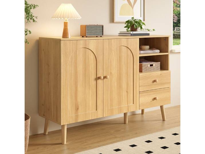 MODFU Sideboard Schrank mit gewölbten Türen & runden Holzgriffen (Packung, 1 St., Natur, 118×82×35 cm, Holzfüße, für Esszimmer & Flur), sanfte Linien, natürliche Atmosphäre