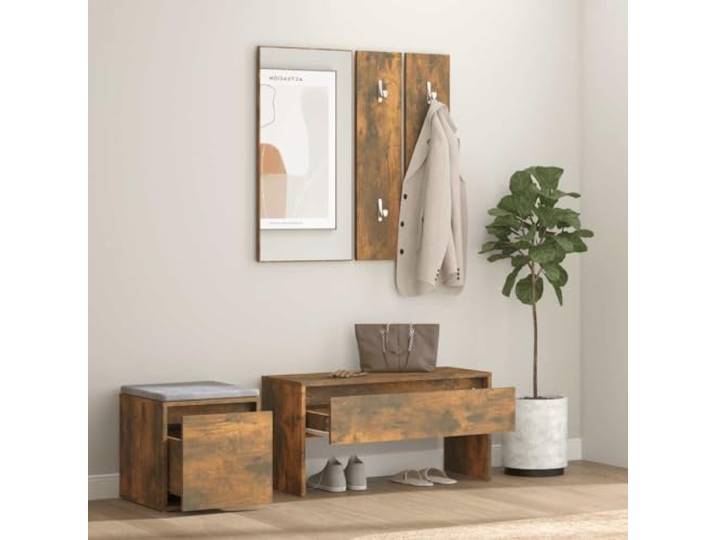 KTHLBRH Flur-Set Eiche Rauchholz mehrschichtig mit Spiegel Sitzbank mit Schublade, 110 kg Kapazität, Acryl, 4 Stück