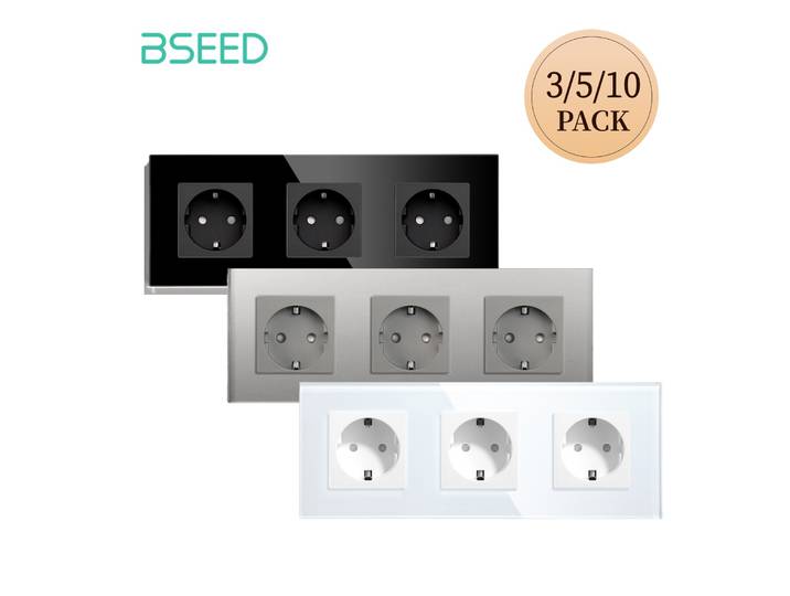 BSEED – prise murale standard européenne, cadre en verre, 16A, triple prise, 228mm, pour maison, bureau, chambre à coucher, prise électrique, 3 couleurs