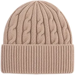 Cashmera Beanie Strickmütze mit Zopfmuster und Umschlag - braun