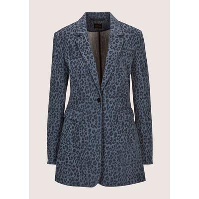 Jackenblazer MADELEINE "Denimblazer Langarm Denimblazer mit Leo-Flockprint", Damen, Gr. 38, blau (blau, nebelblau), Obermaterial: 72% Polyester PES. 25% Baumwolle CO. 3% Elasthan EL., Modern, tailliert, Blazer, geflockte Ware, Leo-Muster
