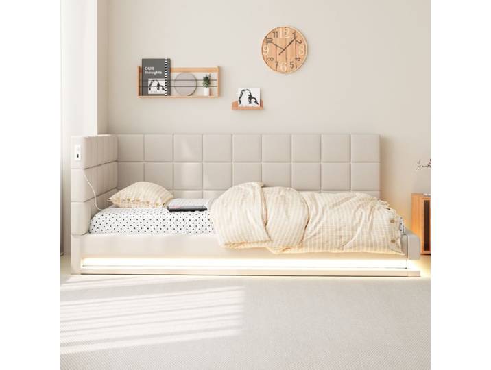Lit banquette - ZEVKOR - 90×200 - LED intégrée - Port USB - Dossier rembourré convertible