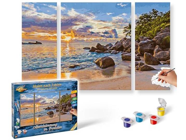 Schipper 609260906 Malen nach Zahlen – Abendstimmung im Paradies - Bilder malen für Erwachsene, inklusive Pinsel und Acrylfarben, Triptychon, 50 x 80 cm