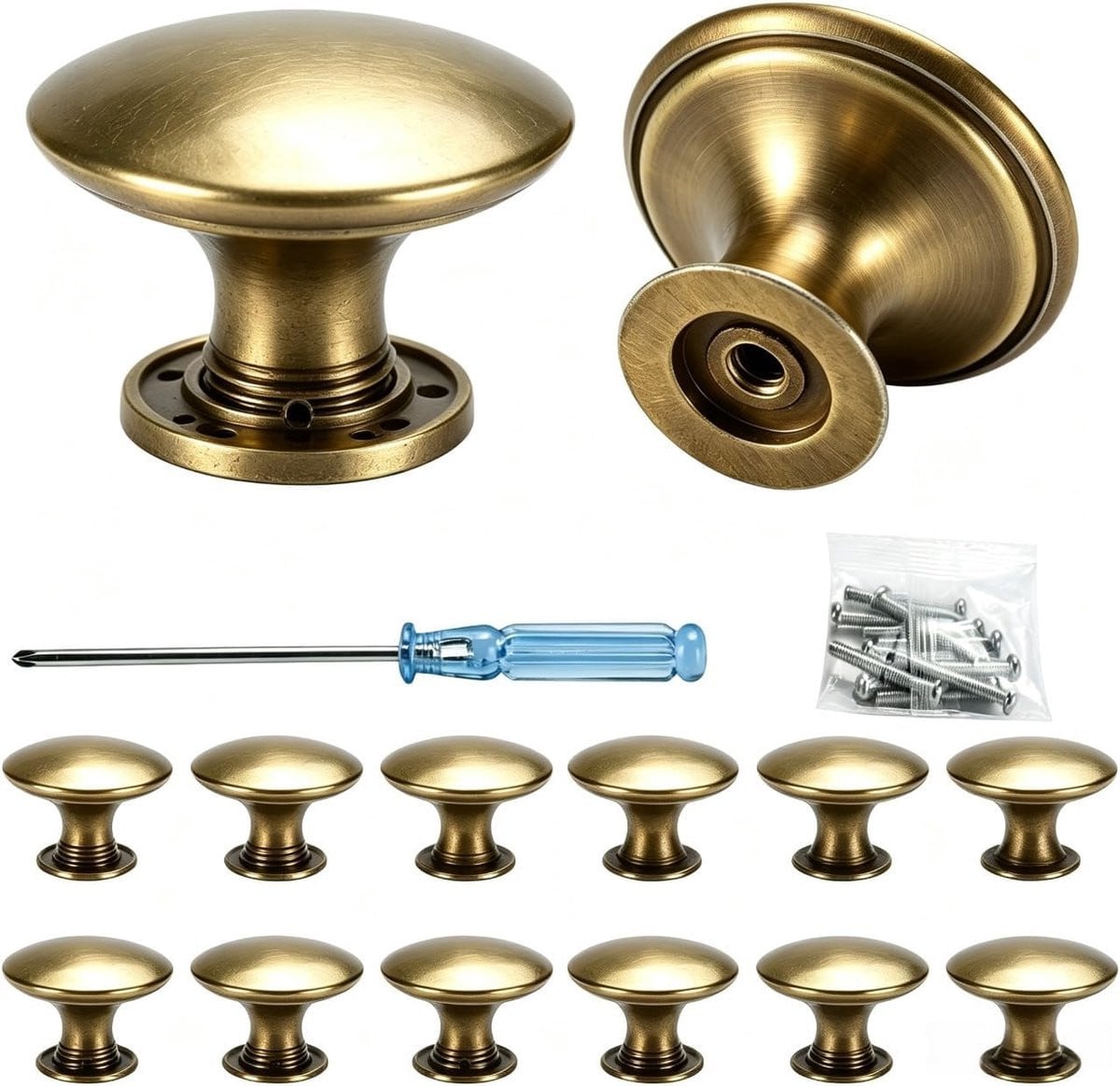 Set van 12 vintage chic antieke ronde kastknoppen van messing voor keuken en meubels