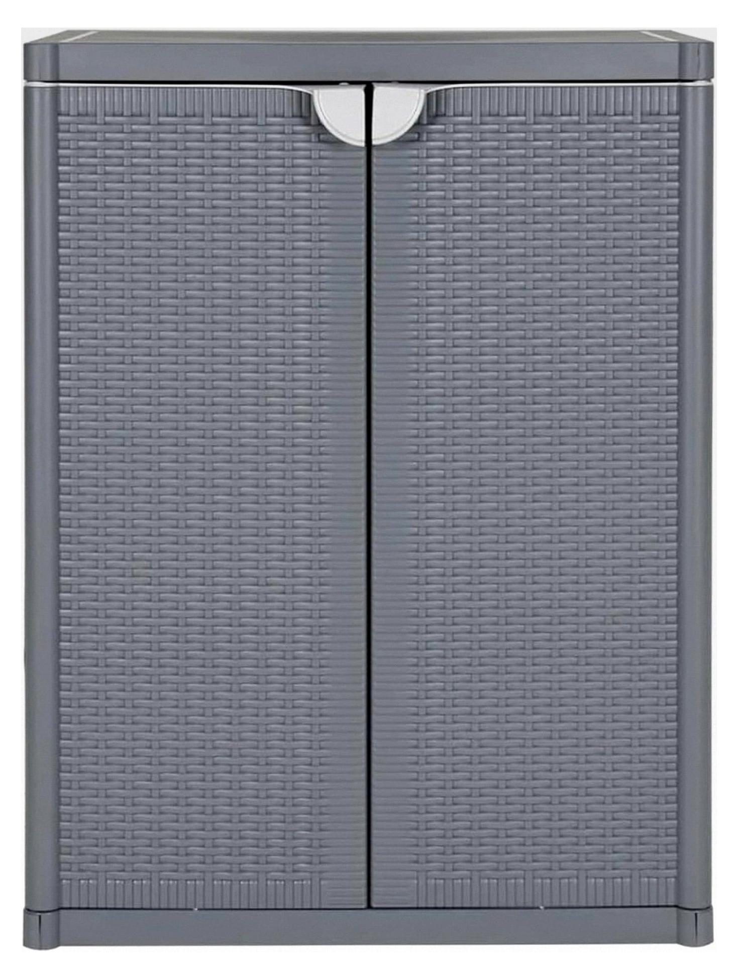 Gartenschrank Grau PP Rattan-Optik mit 2 Ablagen und Griffen für Terrasse, Balkon und Gartenhaus 65x45x88 cm