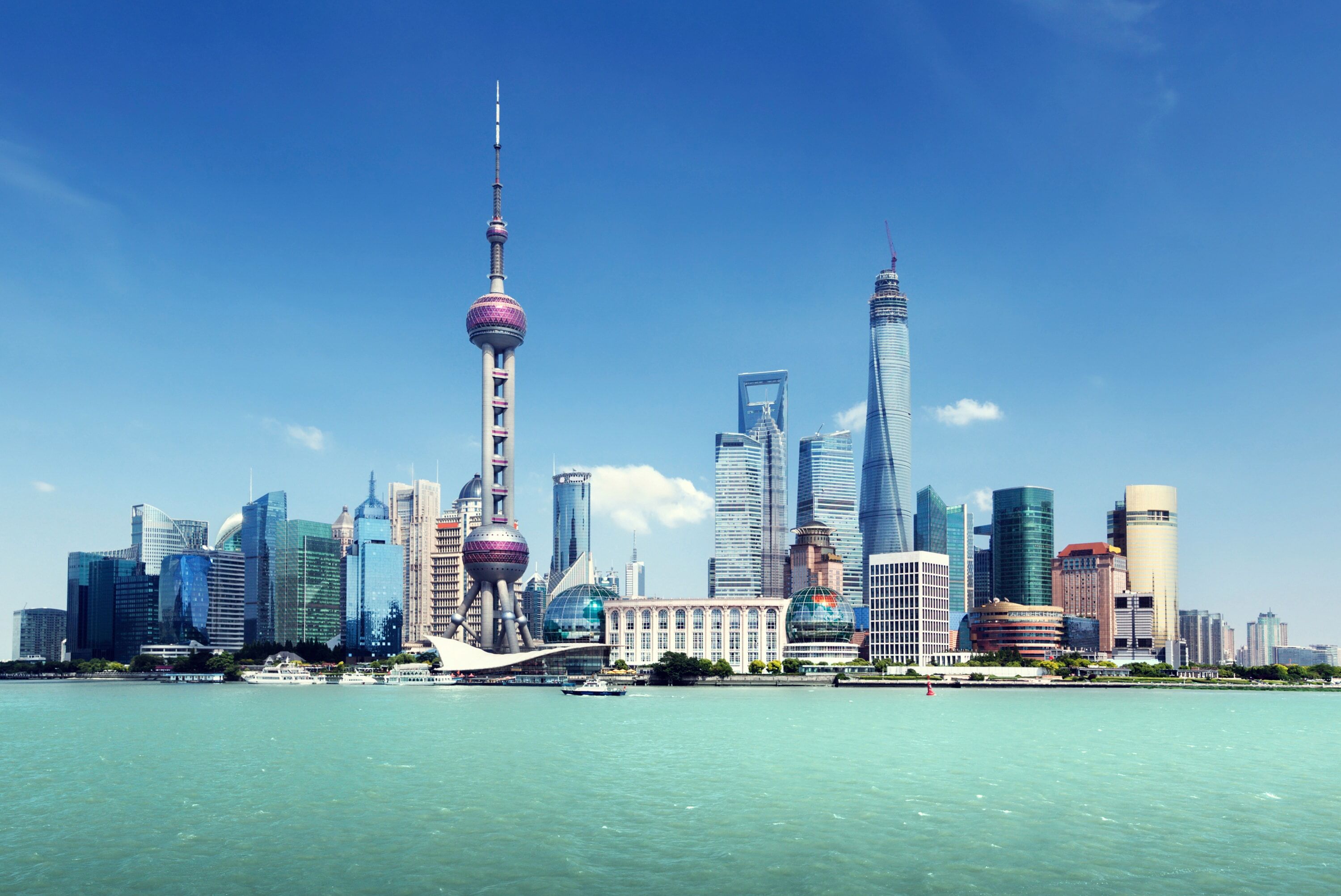 Fototapete PAPERMOON "SHANGHAI-STADT CHINA SKYLINE BRÜCKEN UFER FLUSS STRAND", bunt, B:2m L:1,49m, Vlies, Tapeten, Fototapete bunt B/L: 2m x 1,49m, Bahnen: 4 Stk.