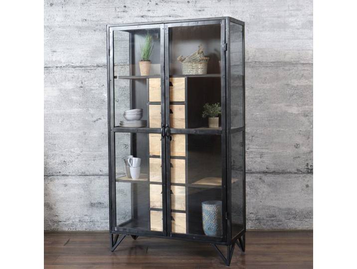 Glasvitrine BARBAR schwarz Metall Eisen & Mangoholz Industrial Design