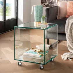 Rollbarer Glas Beistelltisch in Transparent 43 cm hoch