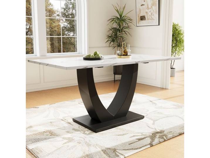 Table de Cuisine Rectangulaire 140x75x75.5cm - Table de Salle à Manger avec pieds réglables Rectangulaire pour Salon Blanc/Noir