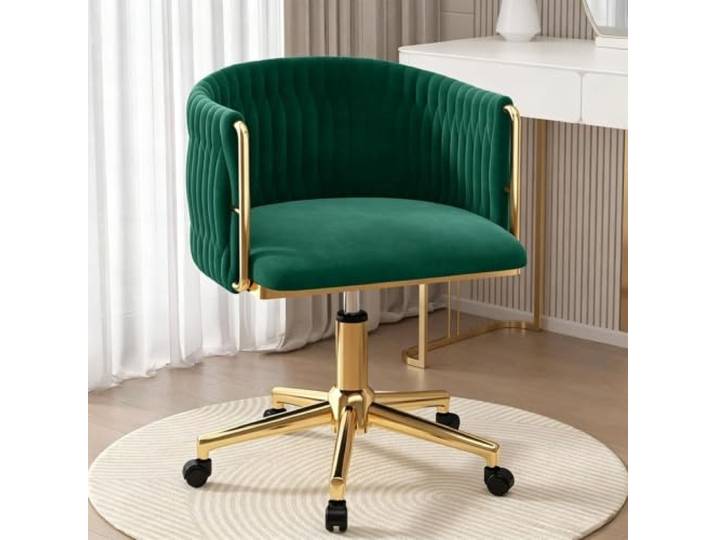Verstellbarer Samt-Waschtischstuhl Mit Metallgestell, 360° Drehbar Ergonomischer Stuhl mit gebogener Rückenlehne, geeignet for Ankleiden, Büro und Maniküre(Gold Legs,Green)
