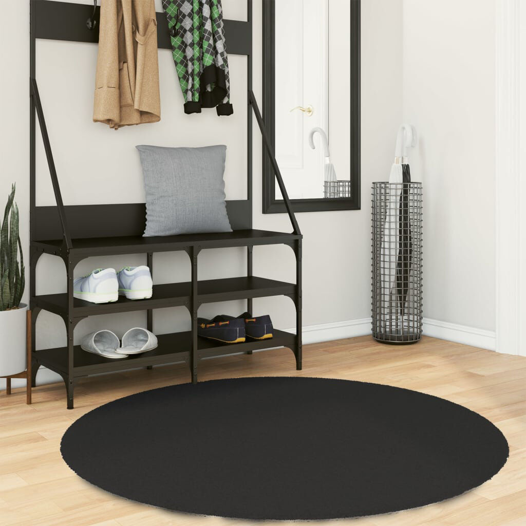 17 Stories Rug "HUARTE" Short Pile Soft and Washable Black Black Round 120cm