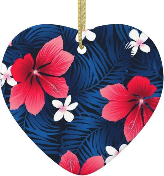 Keramiek Hangend Ornament Roze Bloem Hart voor Kerstboom Versiering met Ophanglint Wit