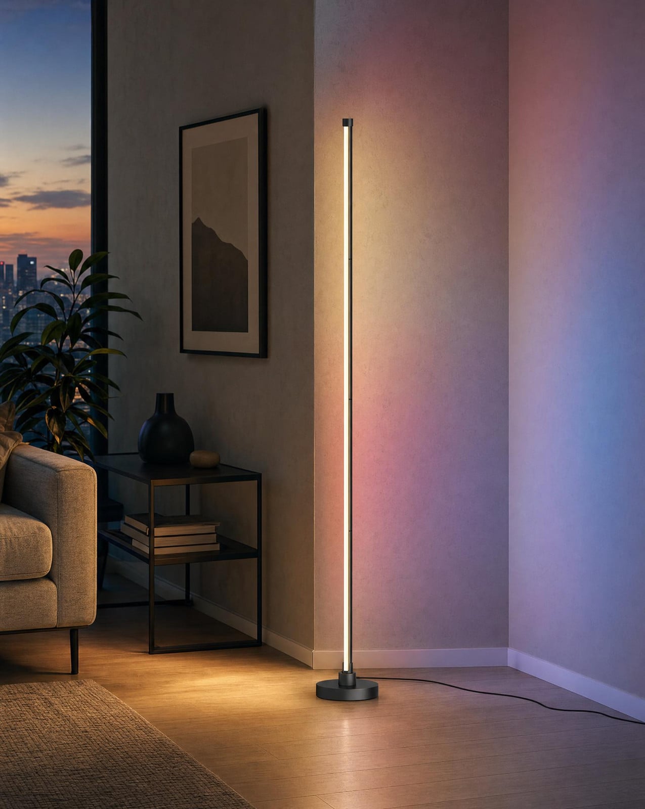 Northpoint LED hoeklamp vloerlamp met RGB en warmwit licht, geluidsensor en afstandsbediening, zwart, Hoogte: 147,5 cm