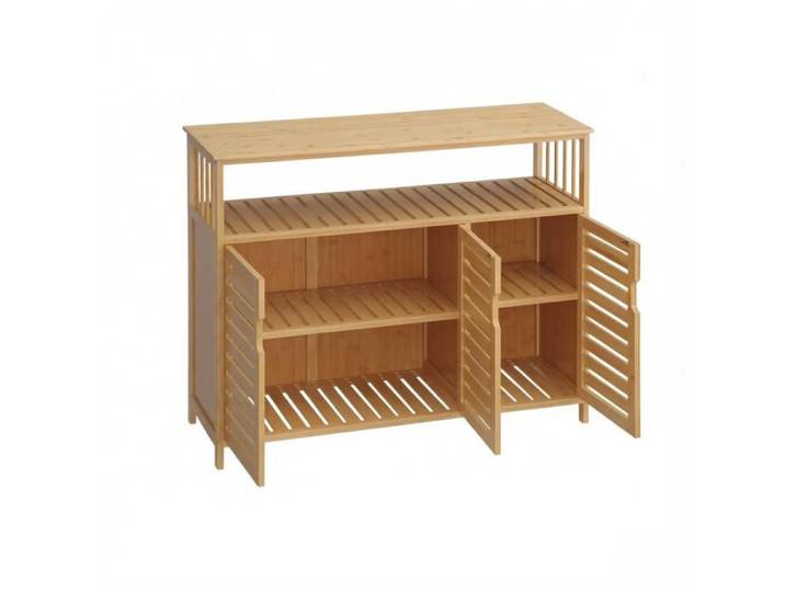 Buffet bas en bambou naturel 100x35x82 cm avec étagère ouverte et portes magnétiques FOLYNA