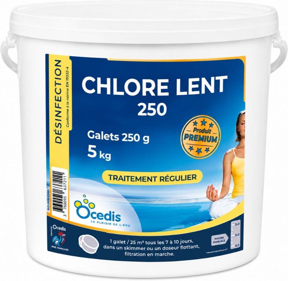 Traitement piscine OCEDIS Galets de chlore lent 250g seau de 5 kg