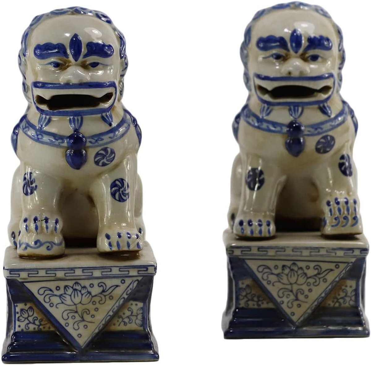 Set van 2 handgeschilderde blauw-witte porseleinen foo dogs - Chinese wachterleeuwen decoratieve beeldjes met hoogglans glazuur