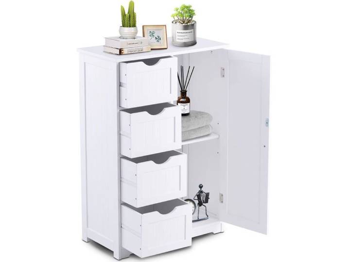 GOPLUS Meuble Bas de Salle de Bain avec 4 Tiroirs Anti-Basculement & Étagère Réglable 56x30x82cm Blanc