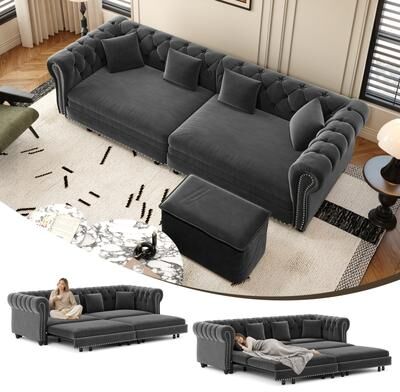 Loedds 89-Inch Chesterfield King Sleeper Sofa Bed with Velvet Rolled Arms and Ottoman