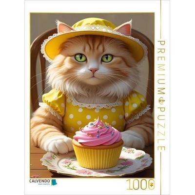 CALVENDO Puzzle Süße Katze mit Cupcake im Vintage-Kleid - lustiges Katzenbild für die Küche | 1000 Teile Lege-Größe 64x48cm Foto-Puzzle für glückliche